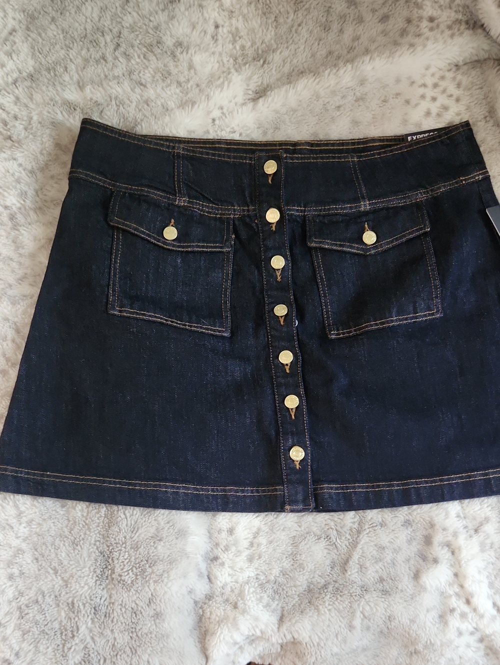 Express Dark Blue Denim Button-Front Mini Skirt with Gold Buttons